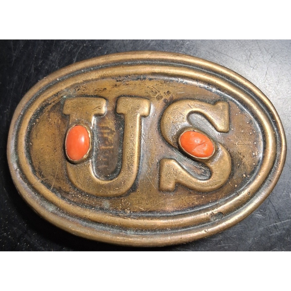 Vintage Brass US Belt Buckle Oval Western Americana Coral Cabochon Inlay 3.25in
